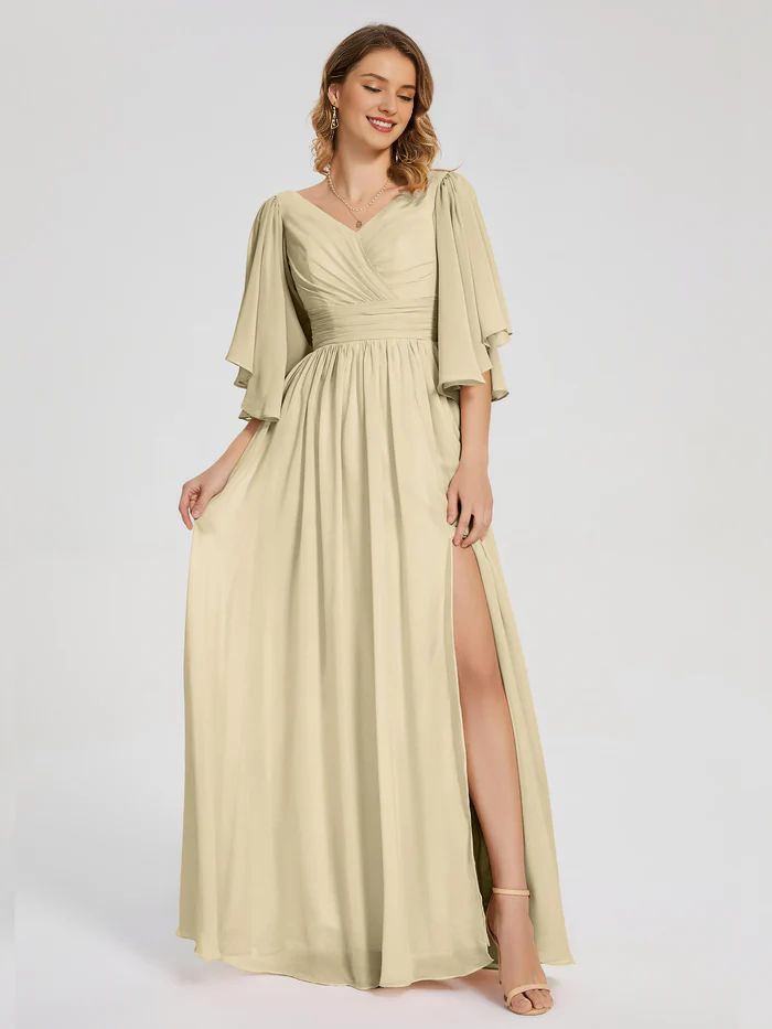 Burgundy Chiffon A-Line Floor-Length Dress with V-Neck, Draped Bodice, Flutter Sleeves, and High Slit