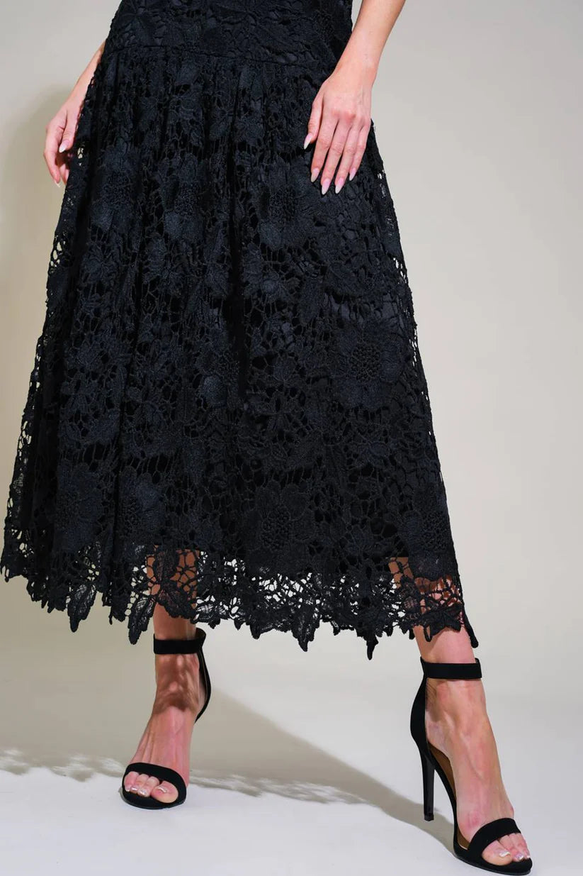 Black Lace Sweetheart A-Line Midi Dress with Tie-Shoulder Straps