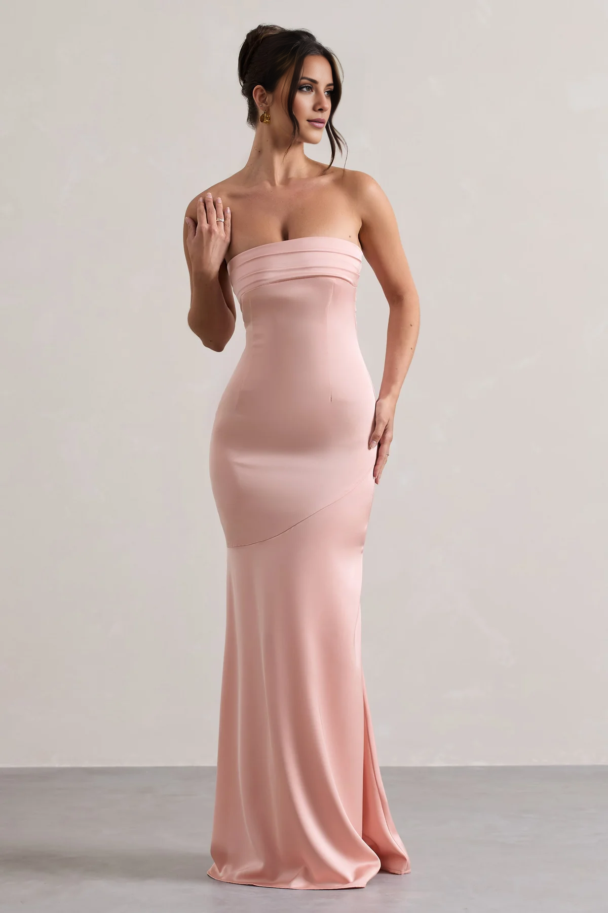 Blushing Pink Pleated Bodice Satin Sheath/column Floor-Length Evening Dress