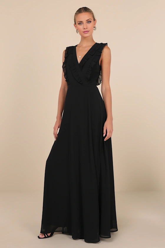 Vestido de noche Jimiss de corte A, escote en V, sin mangas, con volantes y largo hasta el suelo