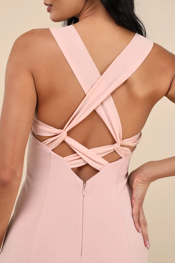 Vestido de noche Jimiss con escote en V, hombros descubiertos, sin mangas, espalda descubierta, abertura lateral y largo hasta el suelo