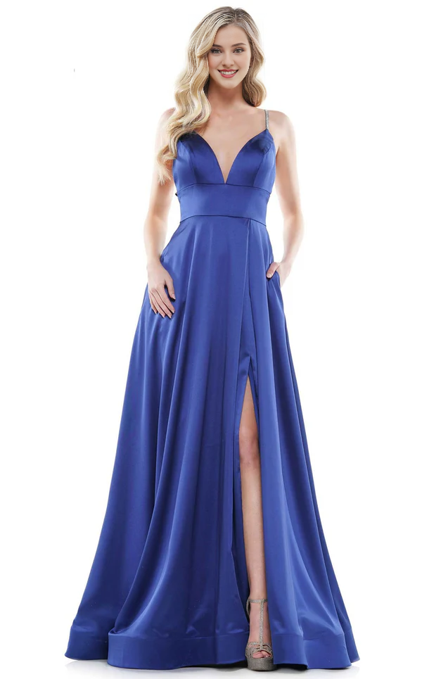 Sky Blue Satin A-Line Floor-Length Bridesmaid Dress with Deep V-Neck & High Slit