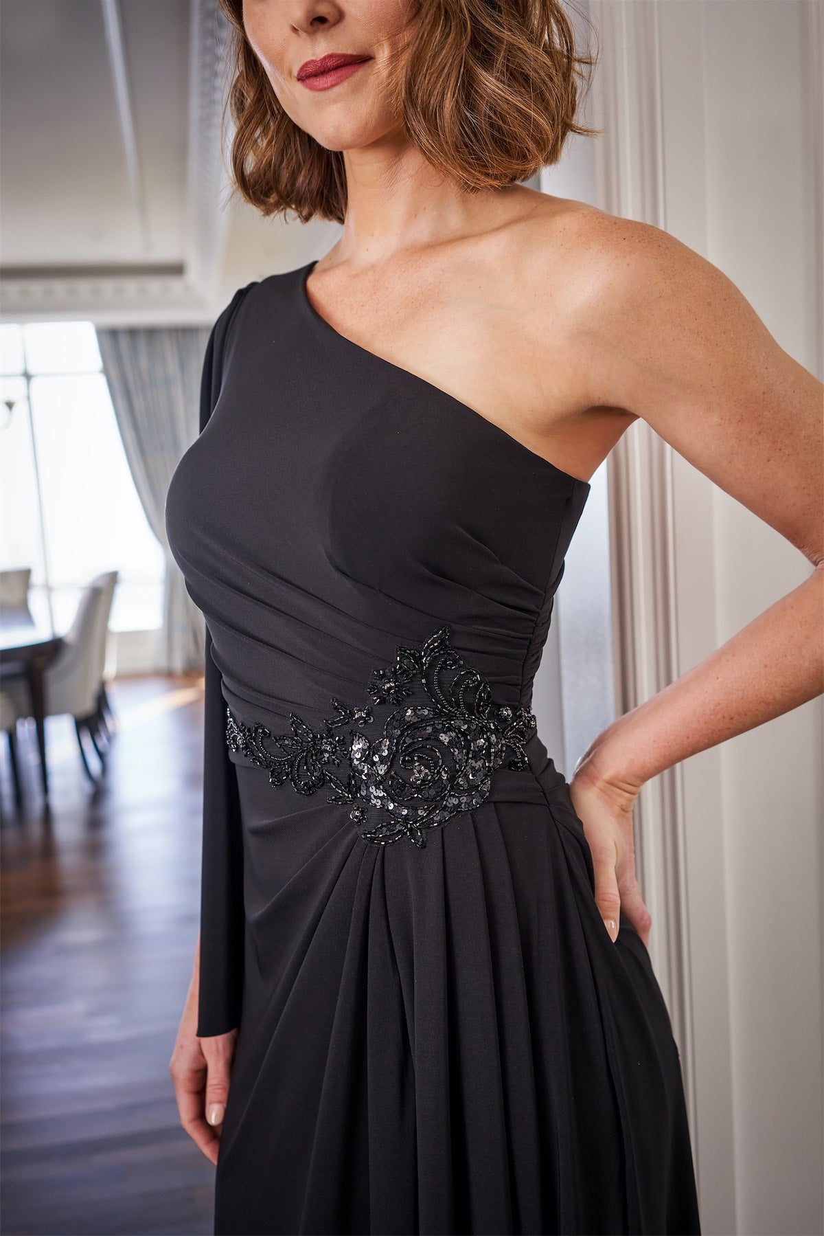 Single shoulder flowing long sleeved handmade beaded mother of the bride dress