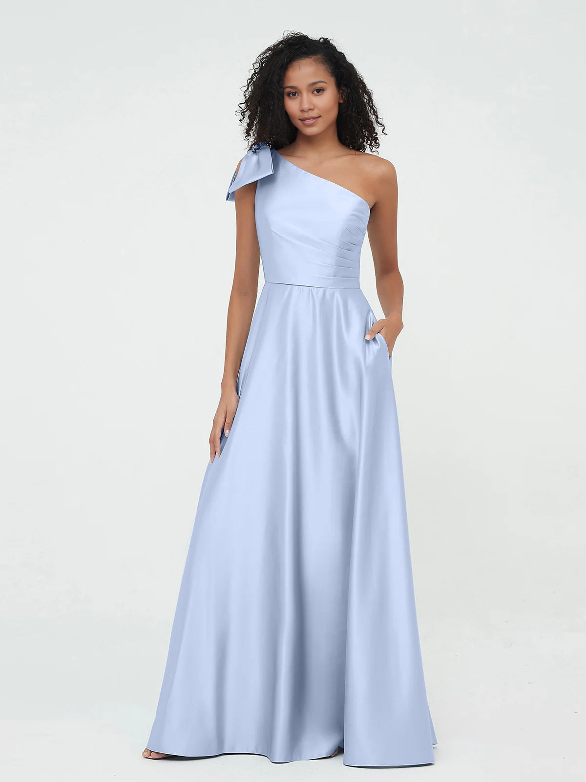 Sky Blue Satin A-Line Floor-Length One Shoulder Bridesmaid Dress