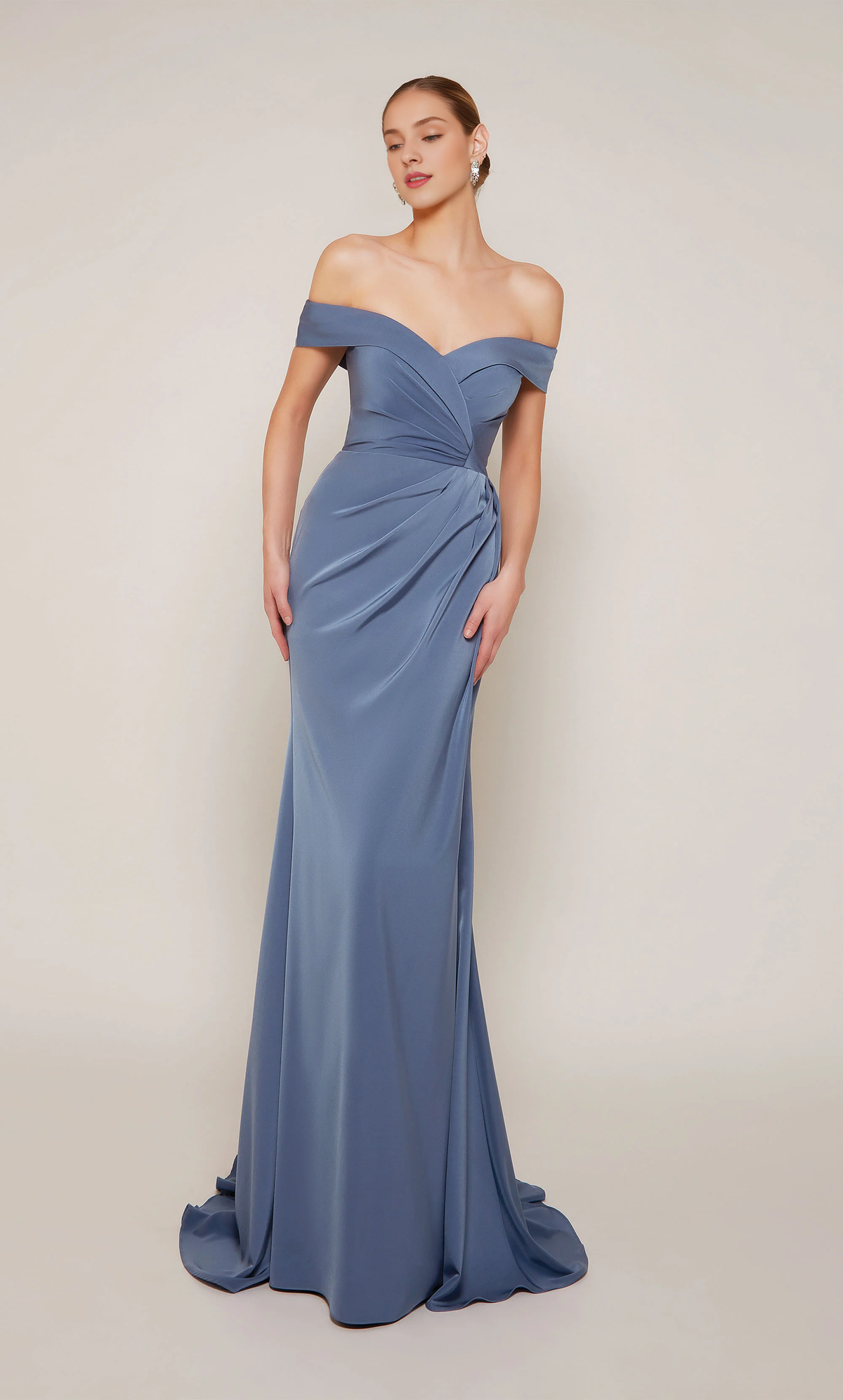 Dusty Blue Satin Off-the-Shoulder Floor-Length Gown with Draped Bodice