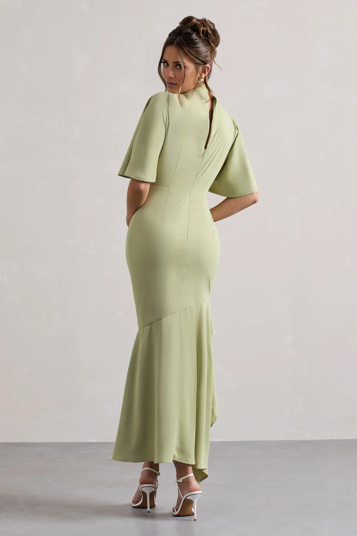 Sage Green Crepe Sheath/column High Neck High-Low Dress with Flutter Sleeves