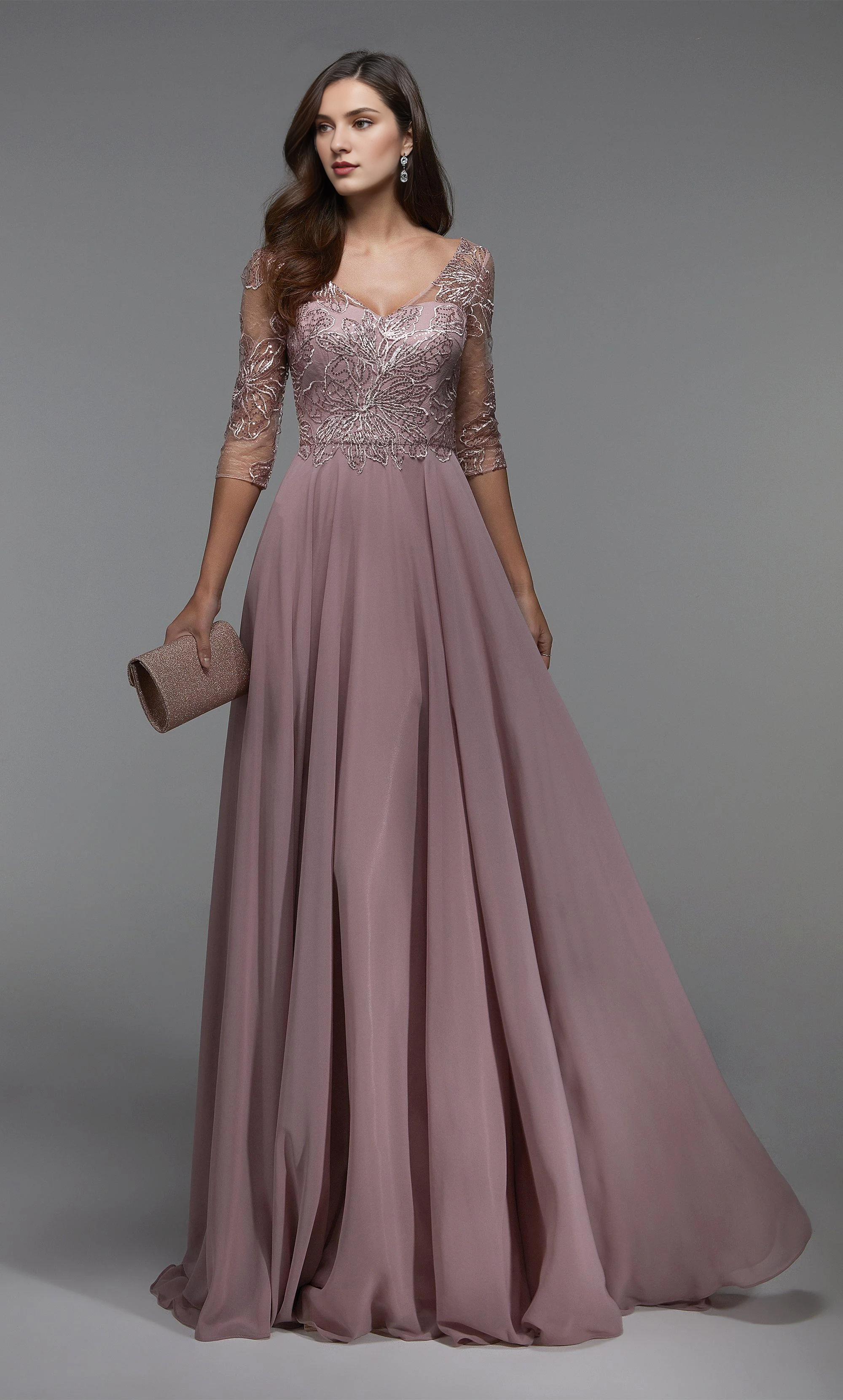 Grey Chiffon A-Line Floor-Length Bridesmaid Dress with Embroidered Bodice and 3/4 Sleeves