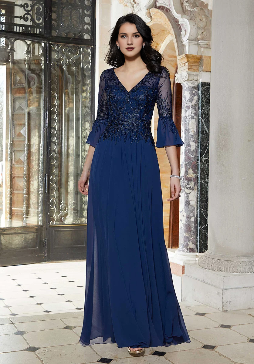 Mulberry Chiffon A-Line Floor-Length Dress with V-Neck & Back Zip
