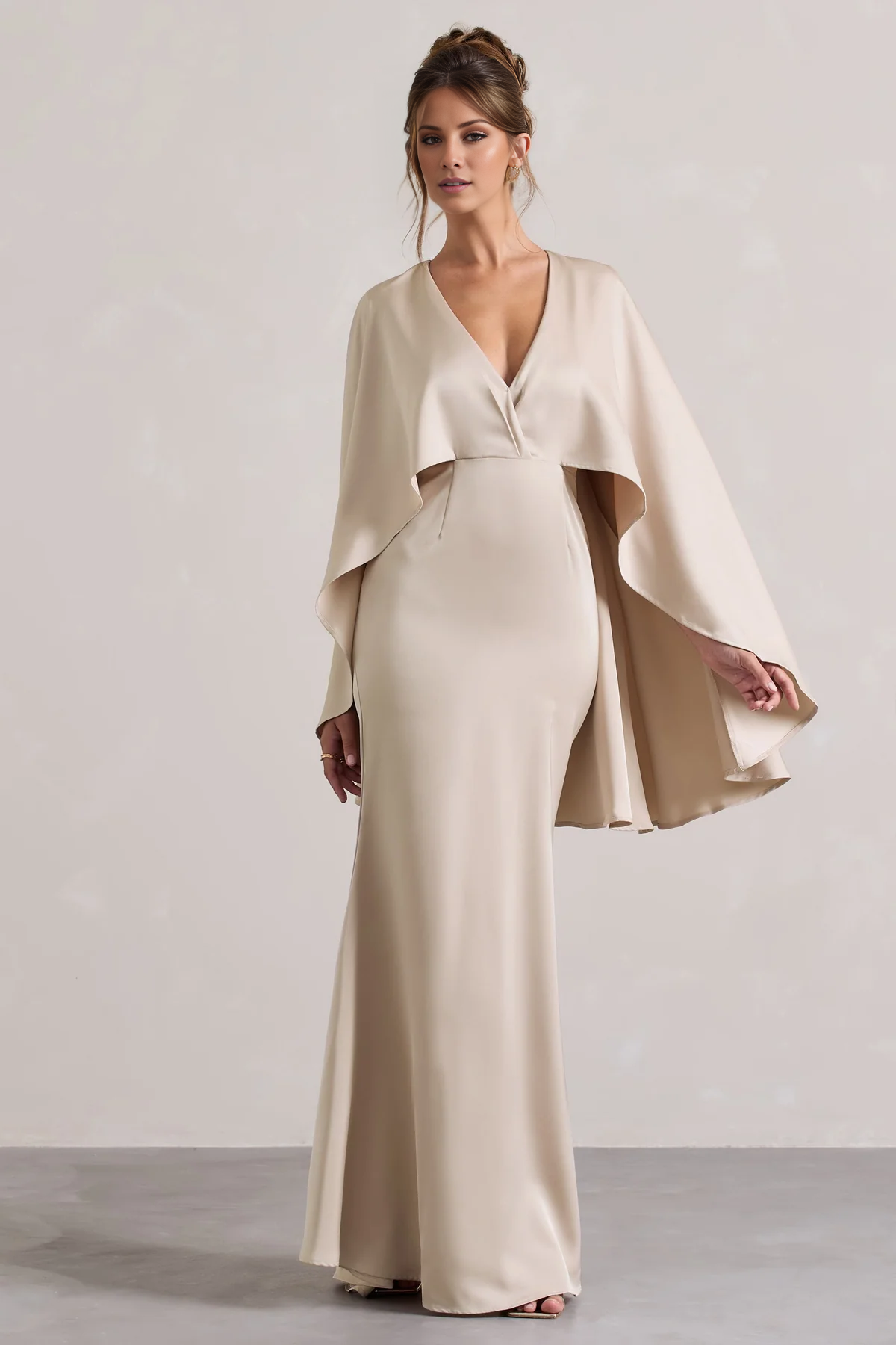 Champagne Satin Sheath/column Floor-Length Bridesmaid Dress with Cape Sleeves