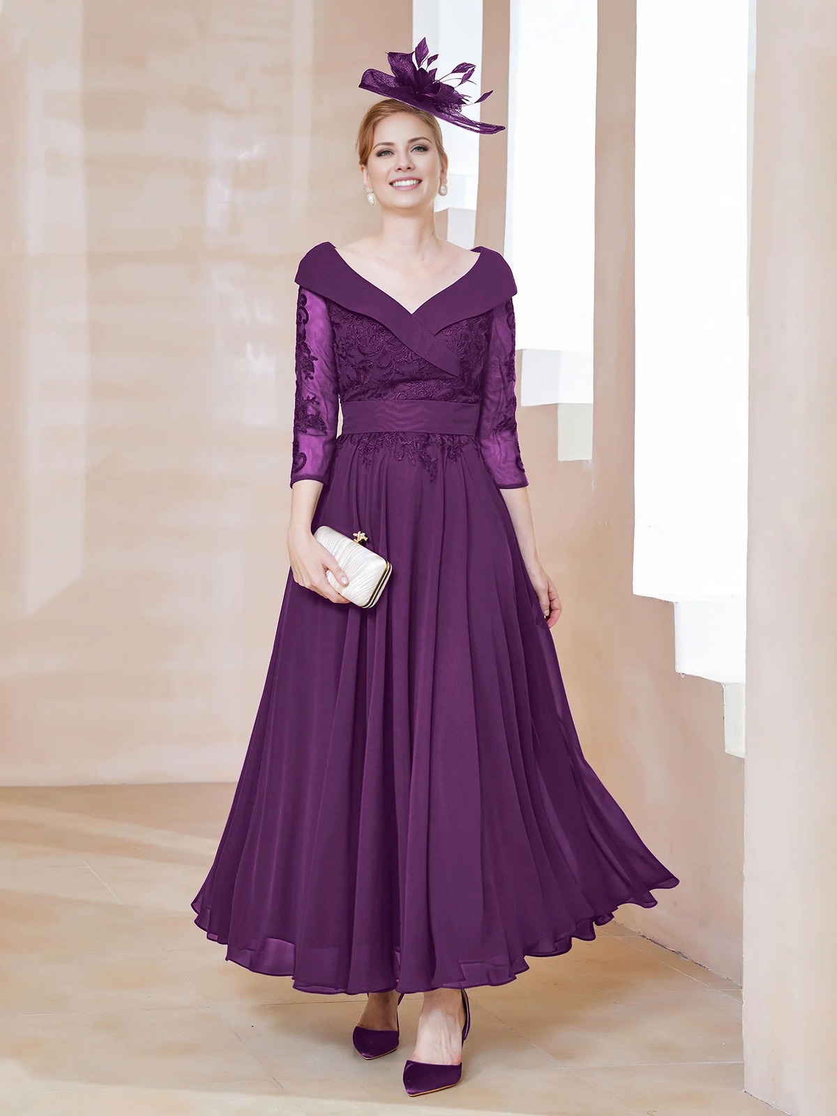 Dark Navy Chiffon A-Line Ankle-Length Off-the-Shoulder Evening Dress