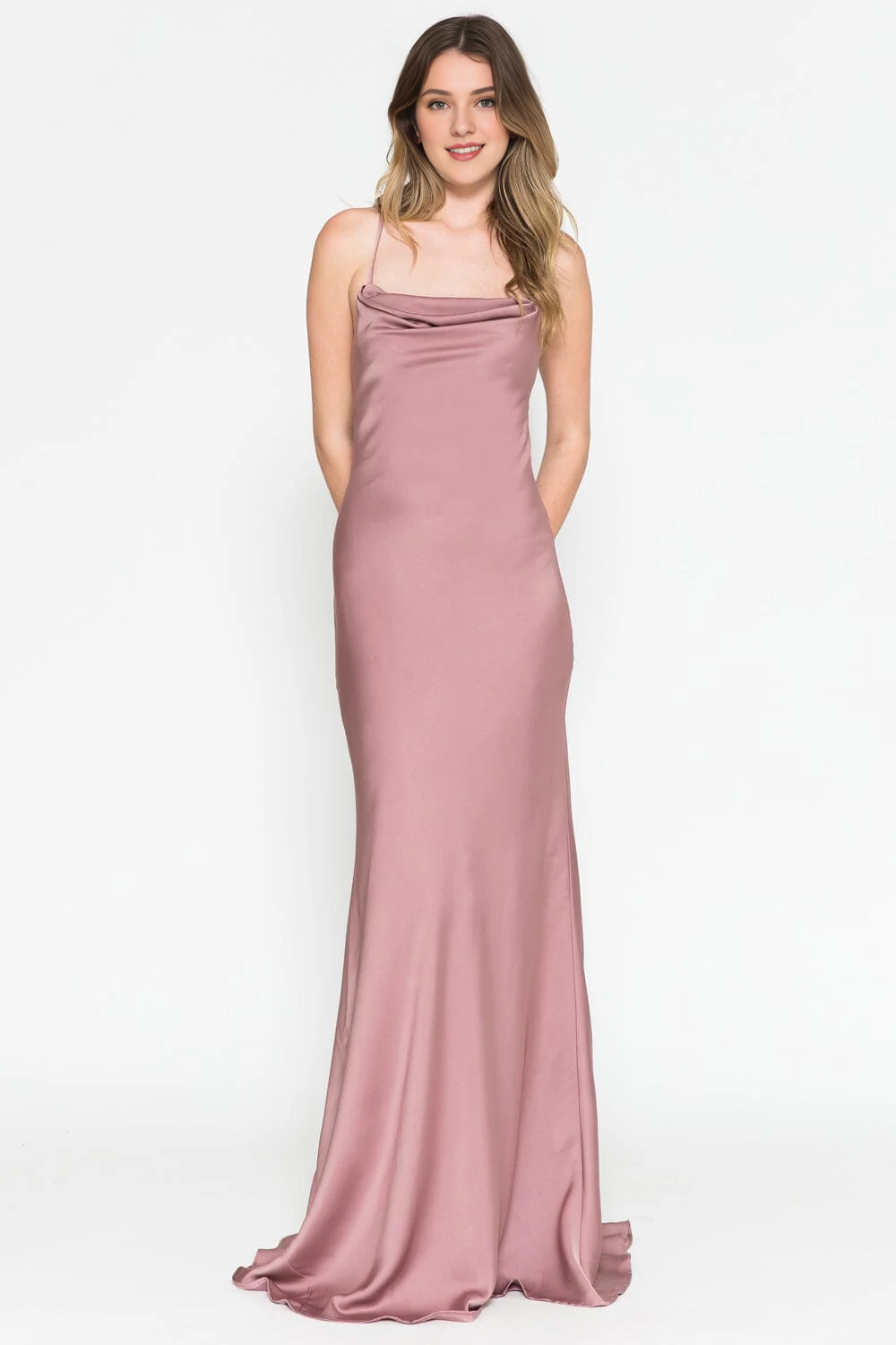 Long sleeveless high neck satin dress