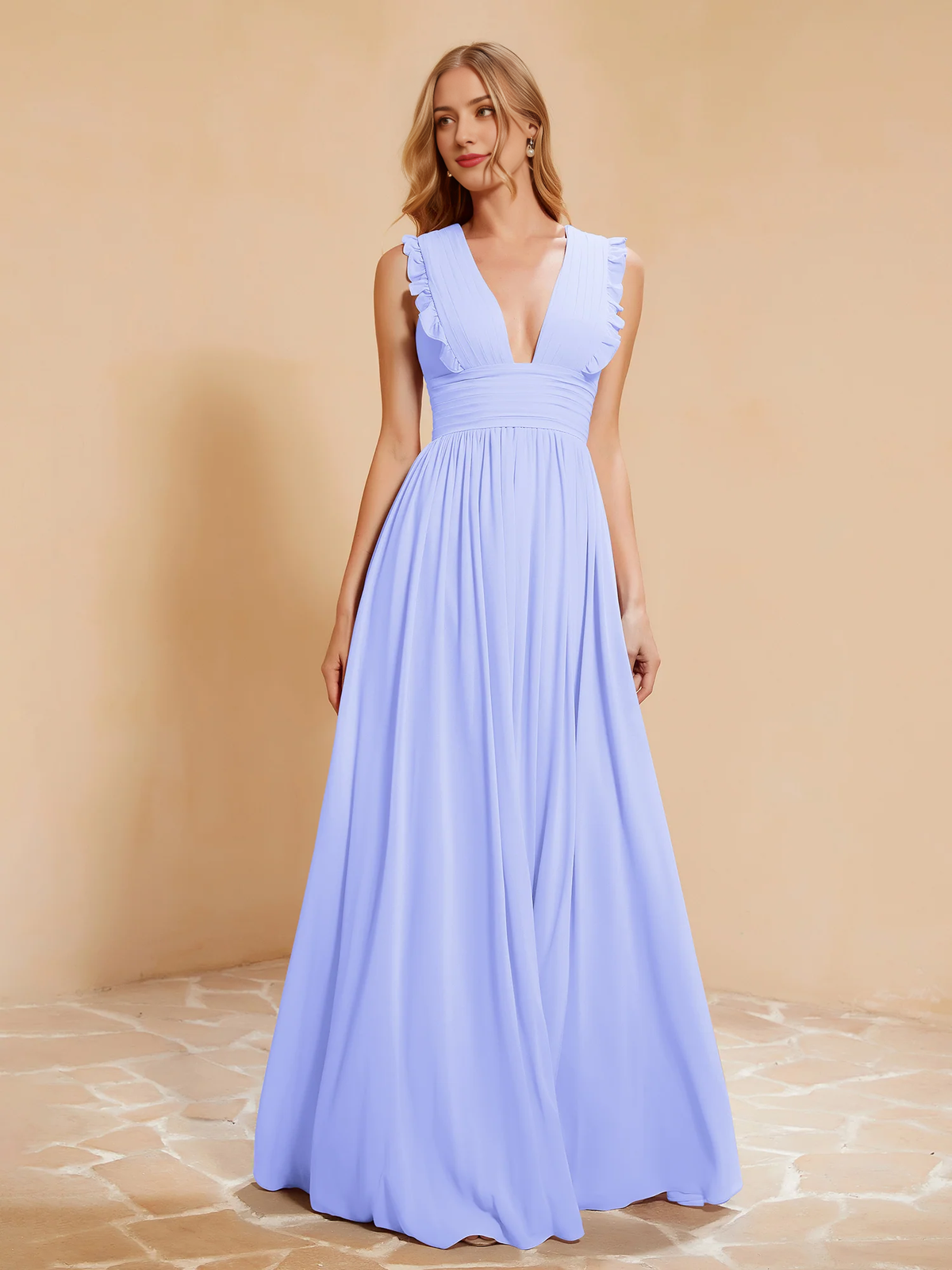 Dusty Rose Chiffon A-Line Floor-Length Dress with V-Neck and Ruched Bodice + Ruffled Straps