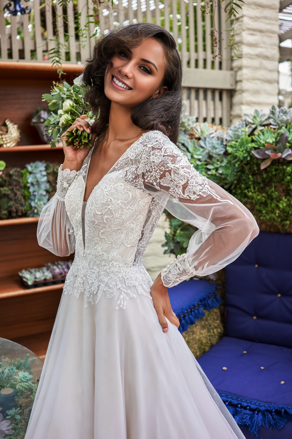 Ivory Lace A-Line Floor-Length Evening Dress with Illusion V-Neck & Puff Sleeves