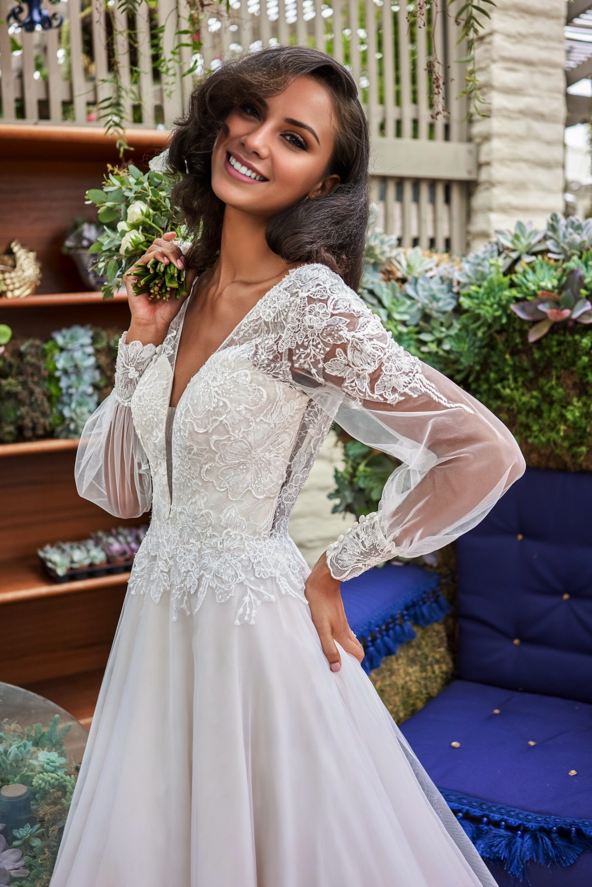 Ivory Lace A-Line Floor-Length Evening Dress with Illusion V-Neck & Puff Sleeves