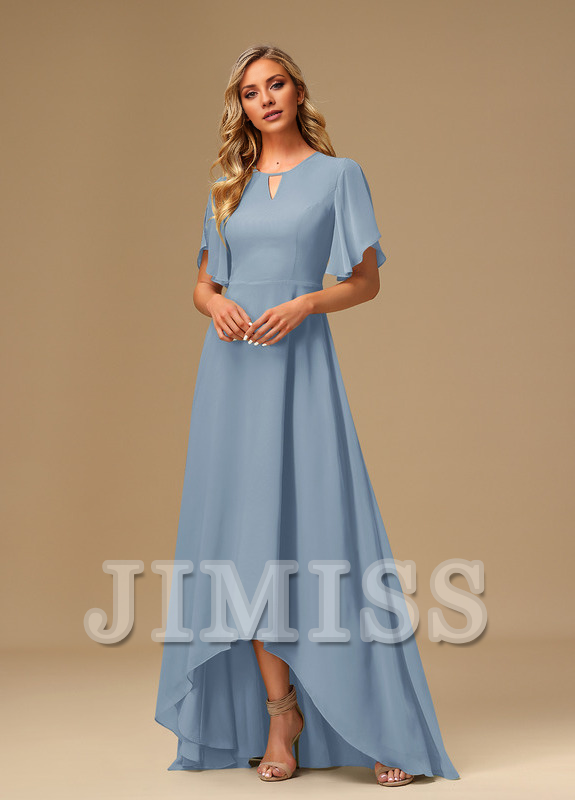Vestido de dama de honor asimétrico de gasa con escote barco y volantes en forma de A
