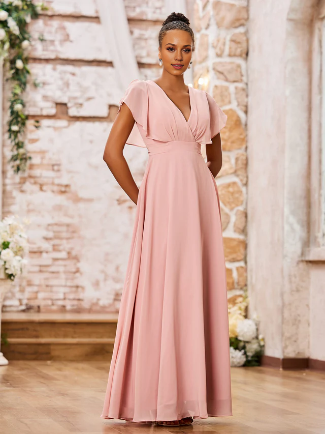 Chiffon Flutter-Sleeve V-Neck Ruched Bodice A-Line Floor-Length Bridesmaid Dresses