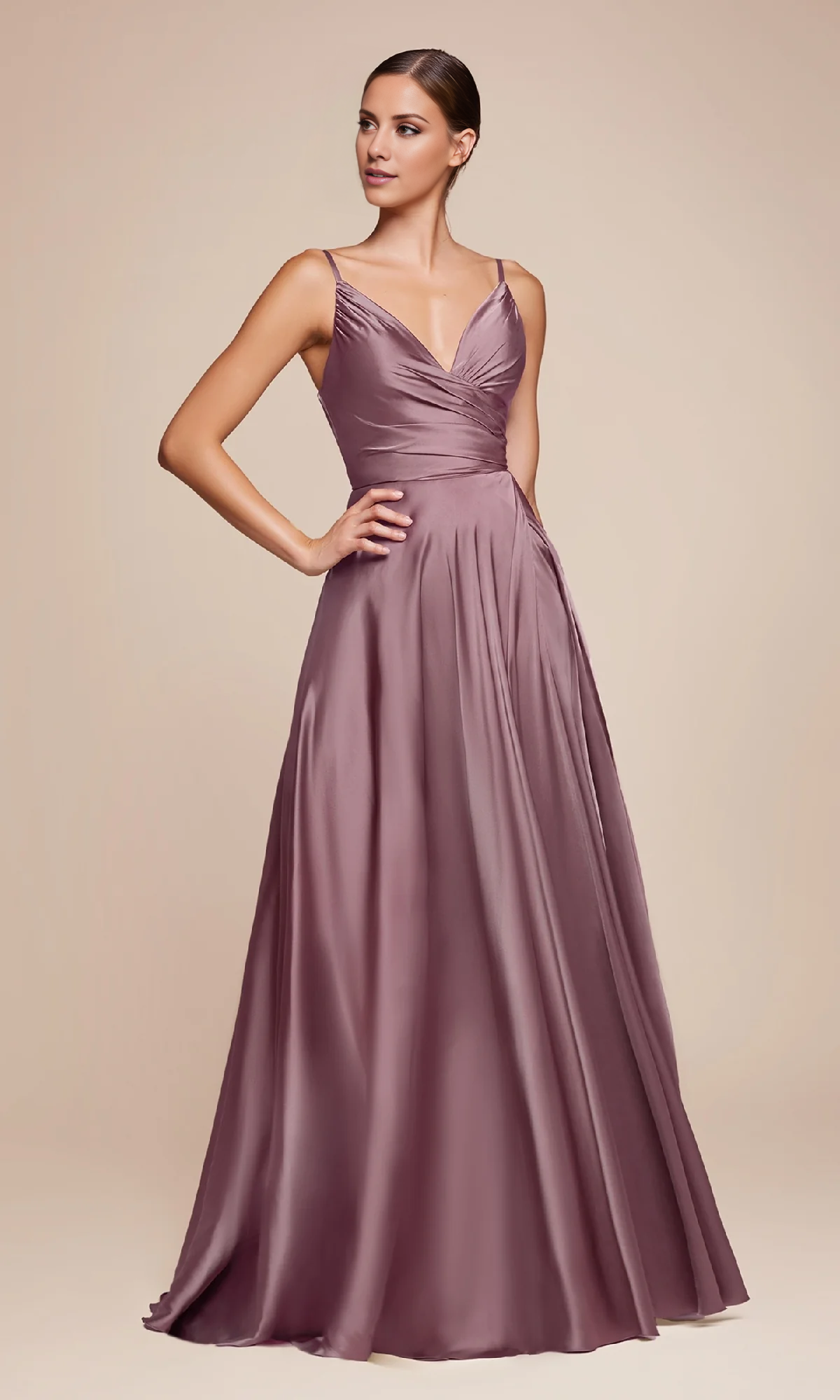 Vestido de fiesta Jimiss de corte A, escote en V, tirantes finos, corsé ajustado con abertura lateral y largo hasta el suelo 