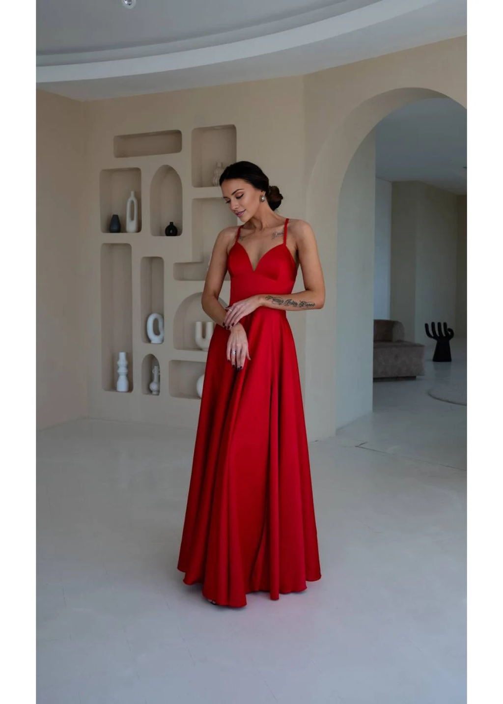 Red Satin A-Line Floor-Length Evening Dress with Plunging V-Neck