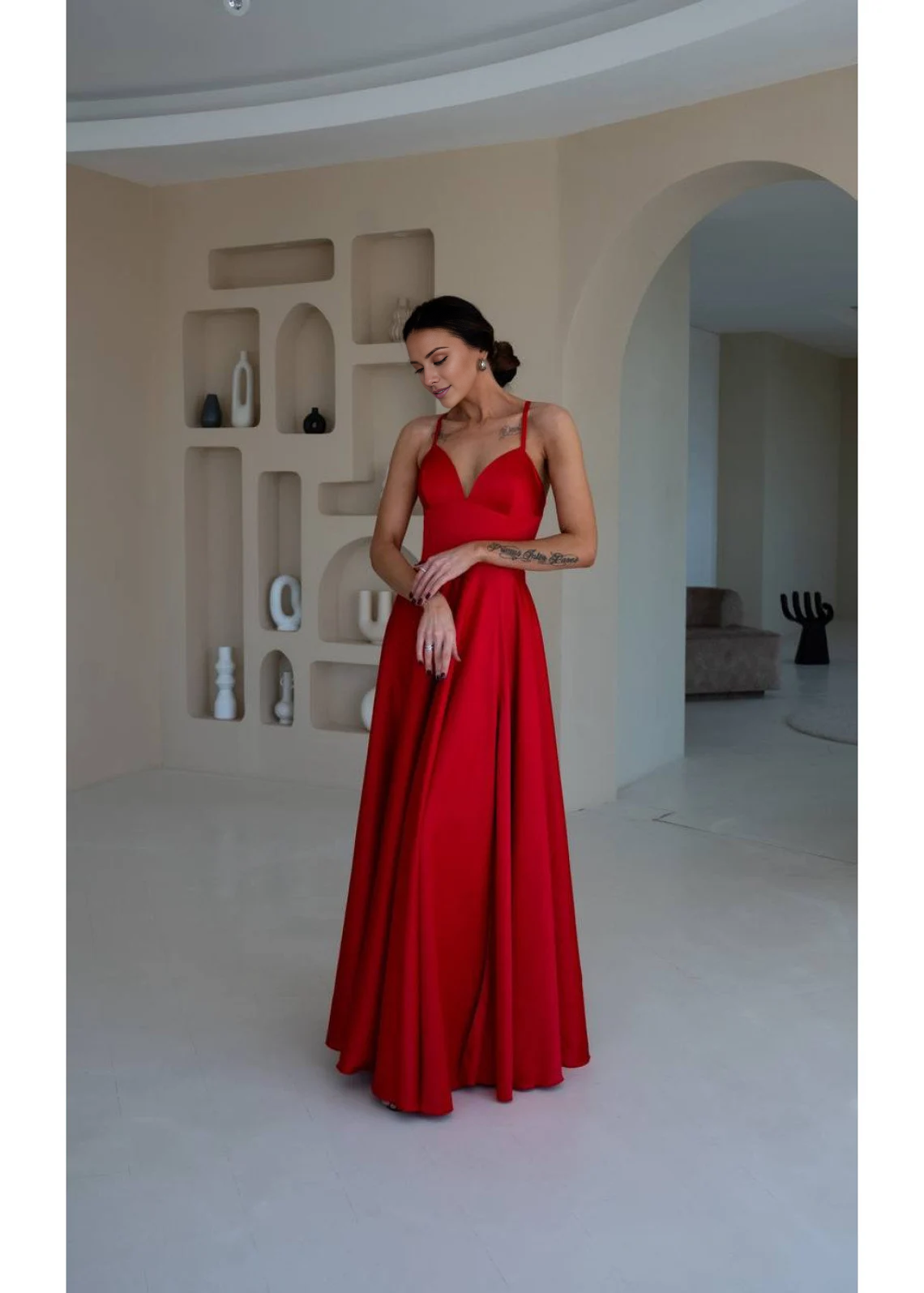 Red Satin A-Line Floor-Length Evening Dress with Plunging V-Neck