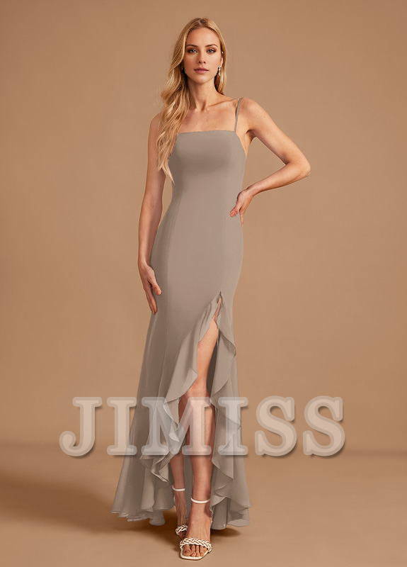 Vestido de dama de honor de gasa con volantes, corte trompeta, cola de pez, cuadrado, largo hasta el suelo