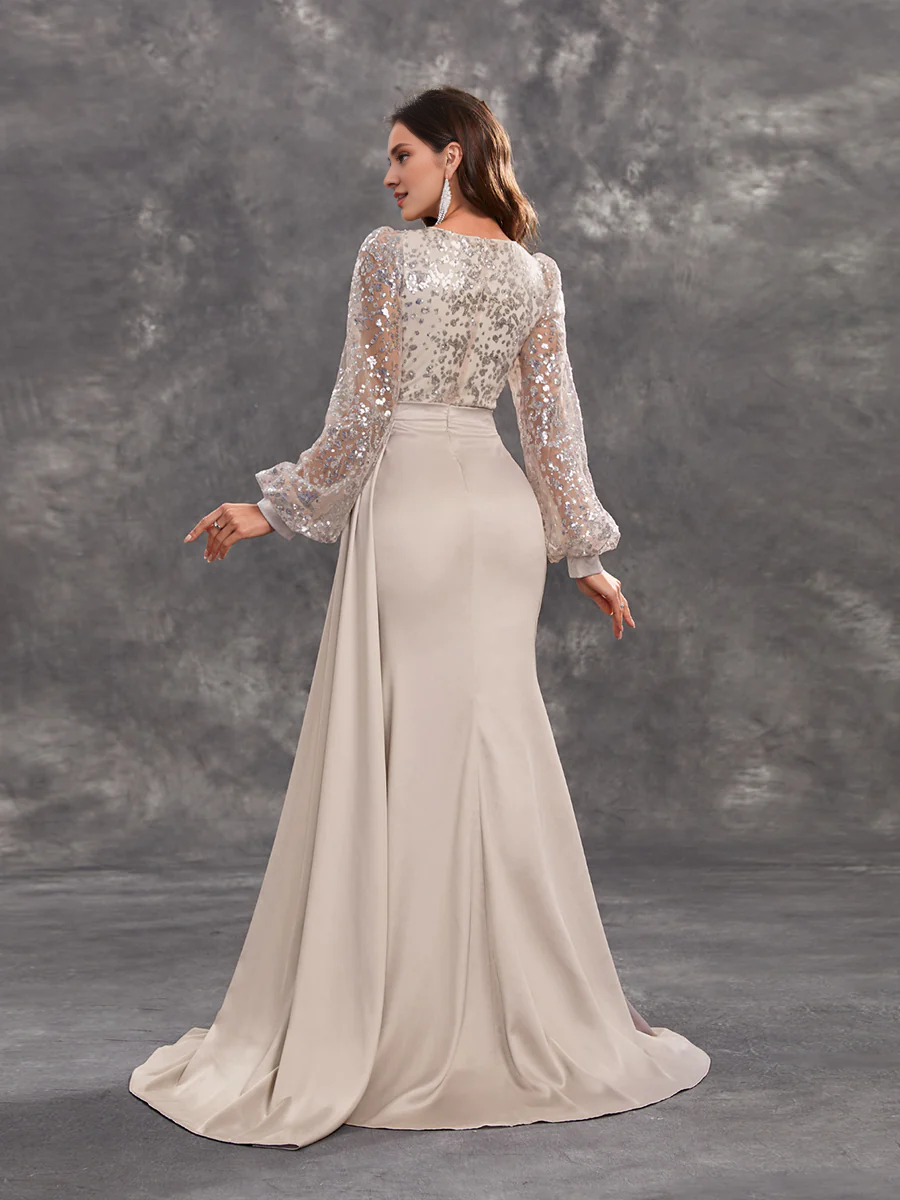 Vestidos de noche tipo godons con mangas de linterna, cuerpo envuelto y empalme hasta el suelo