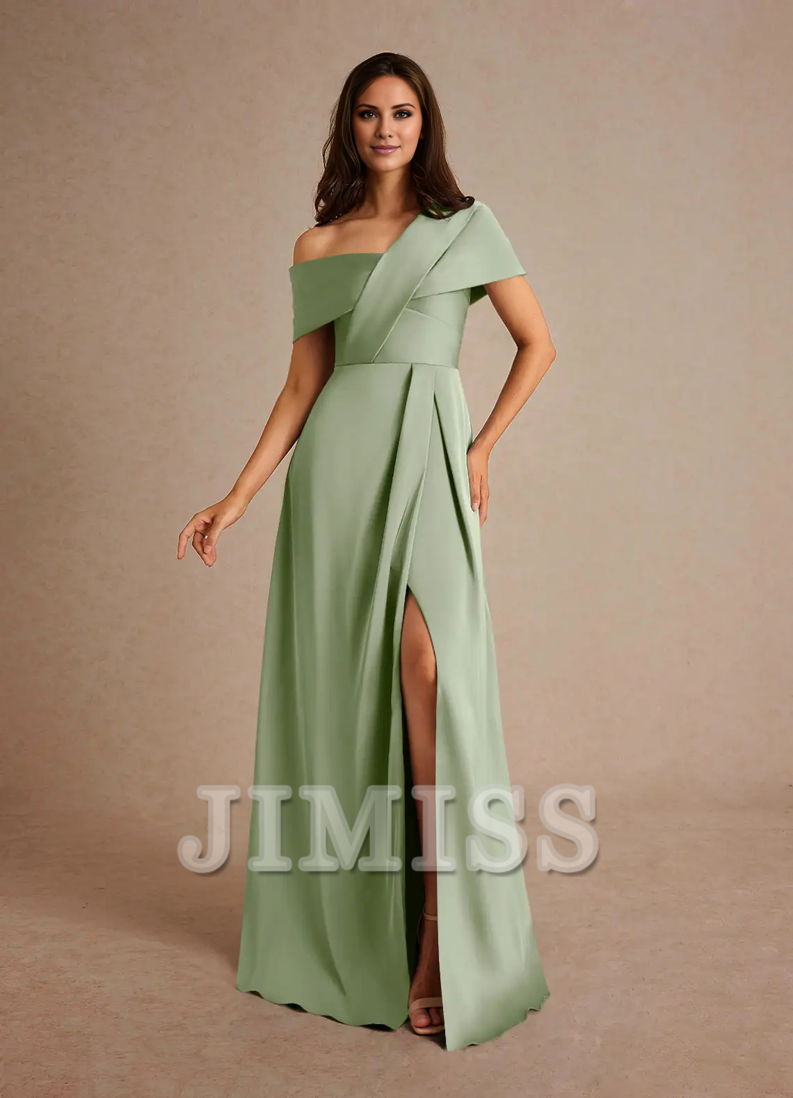 Fashion A-line Asymmetrical Neck Pleated Satin Floor-Length Mother Of The Bride Dress