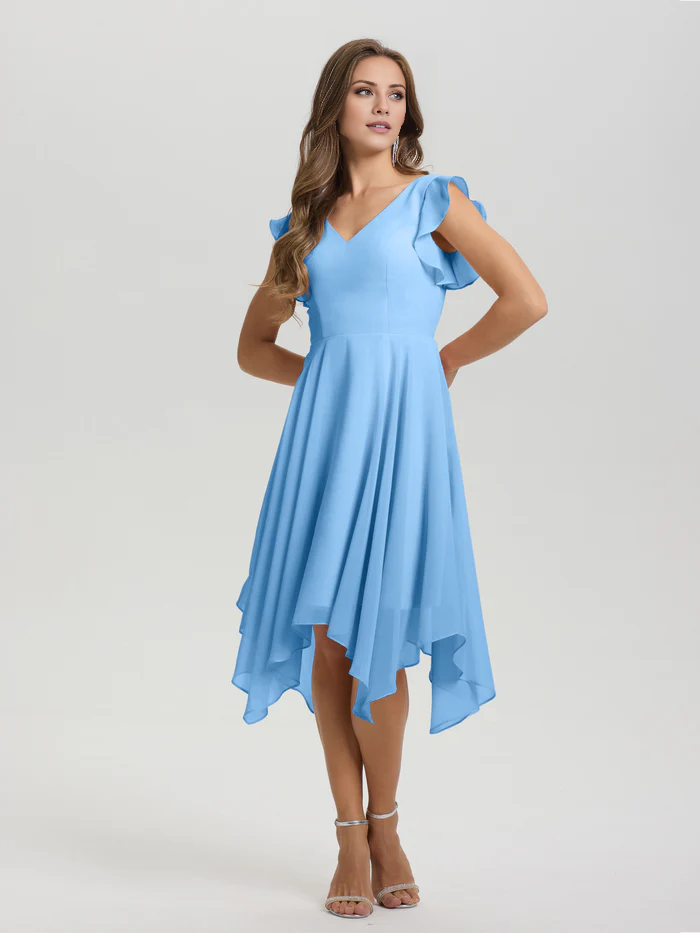 Lotus leaf edge sleeve V-neck asymmetrical tea long chiffon tea long bridesmaid dress