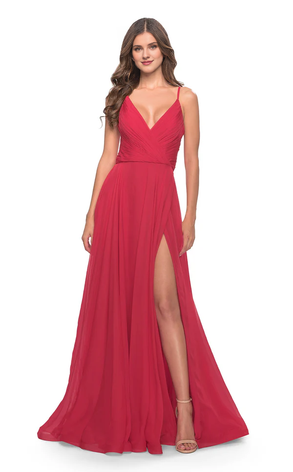 Forest Green Chiffon A-Line V-Neck Floor-Length Bridesmaid Dress with Ruched Bodice and High Slit