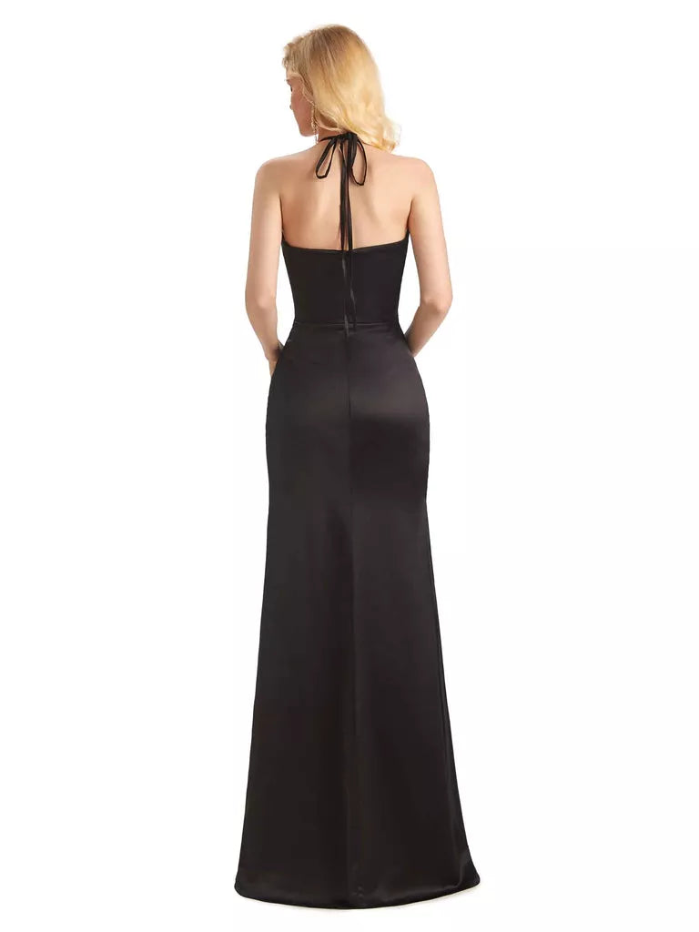 Vestidos de dama de honor largos de sirena con escote halter de satén suave y abertura lateral sexy para invitada de boda