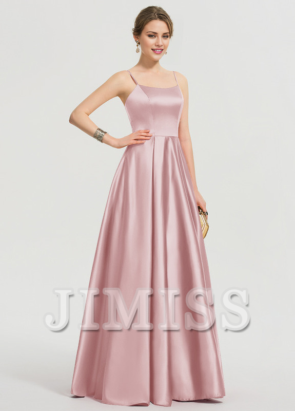 Vestido de fiesta largo hasta el suelo de satén con escote en A y corte cuadrado