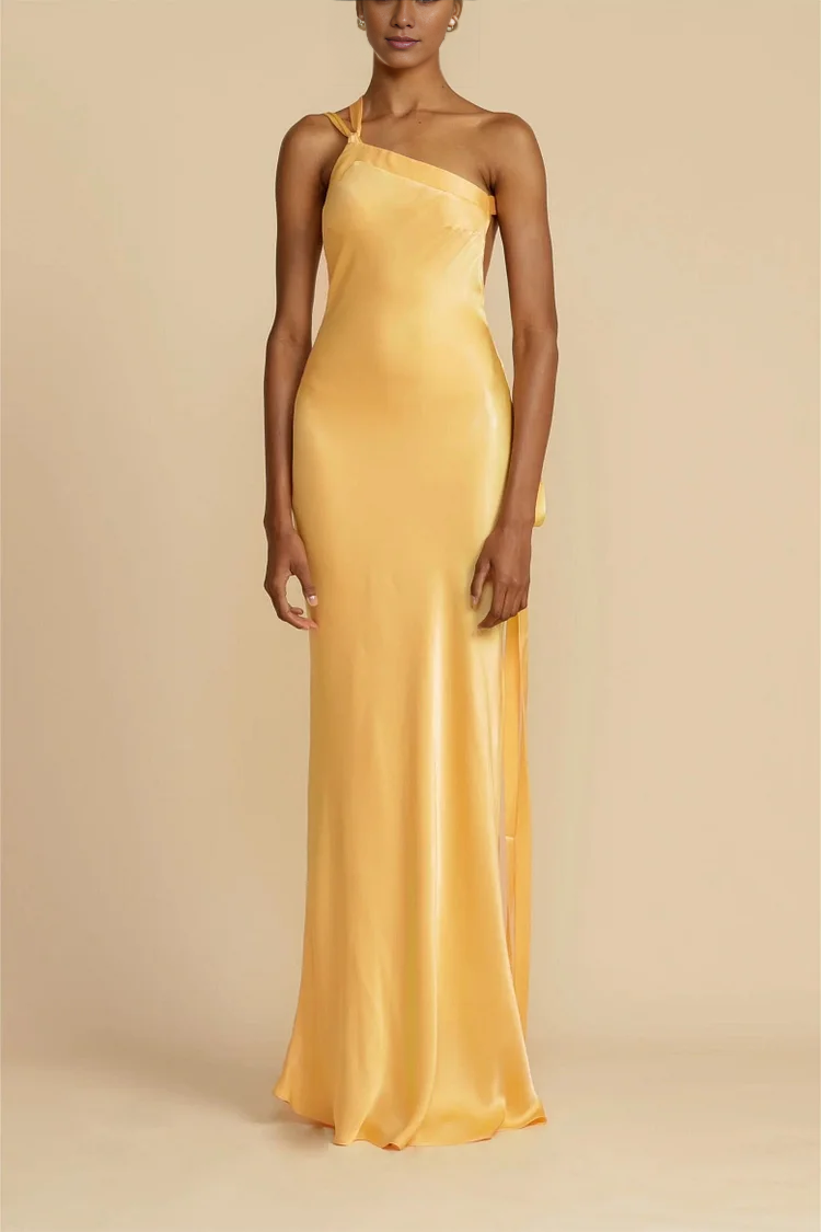 Vestido de fiesta Jimiss con escote asimétrico, hombros descubiertos, sin mangas, espalda descubierta y largo hasta el suelo