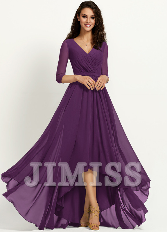 A-line V-neck asymmetric pleated chiffon bridesmaid dress