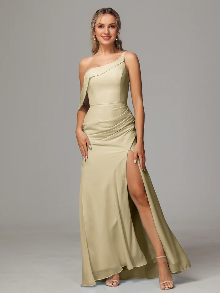 One shoulder off shoulder chiffon and floor length bridesmaid dress