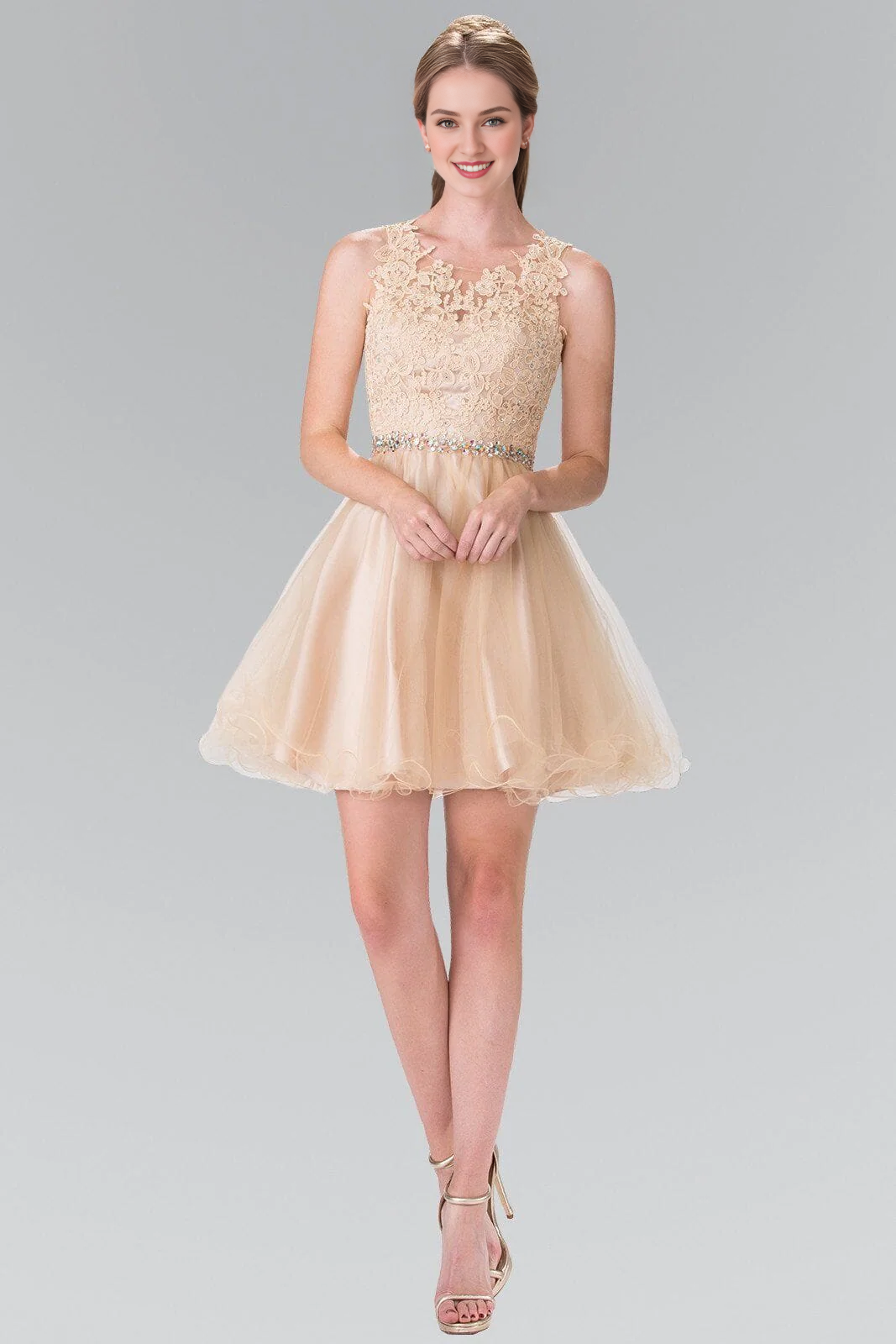 Champagne Lace A-Line Short Dress with Scoop Neck and Rhinestone Belt