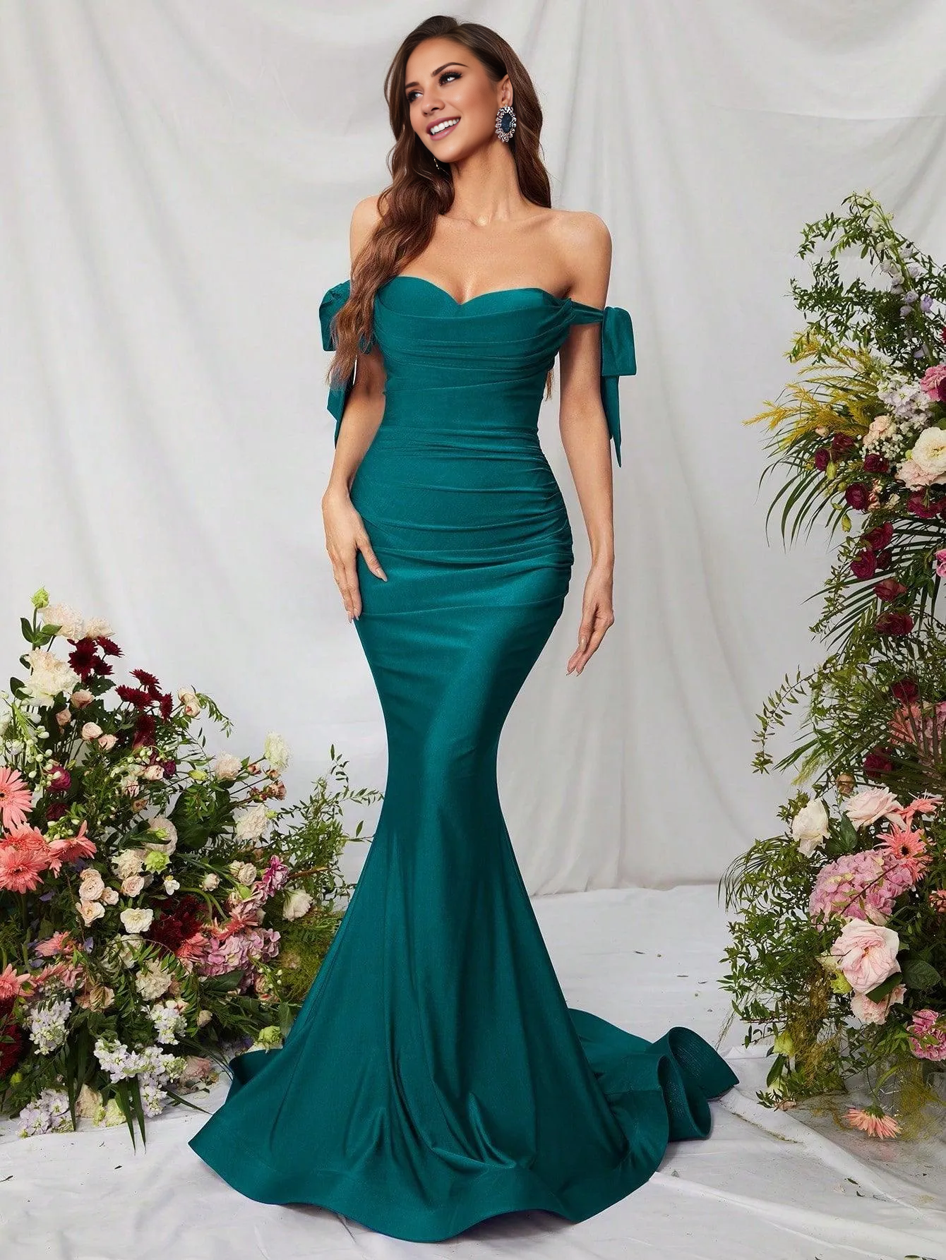 Mermaid off shoulder knot side fold front and floor length formal dresses
