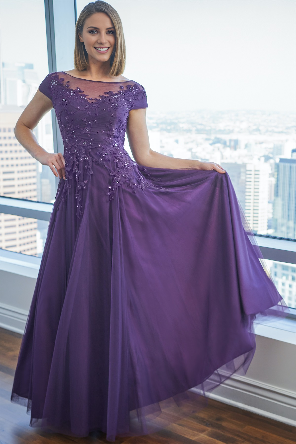 Purple Chiffon A-Line Floor-Length Dress with Lace Appliques & Illusion Boat Neck