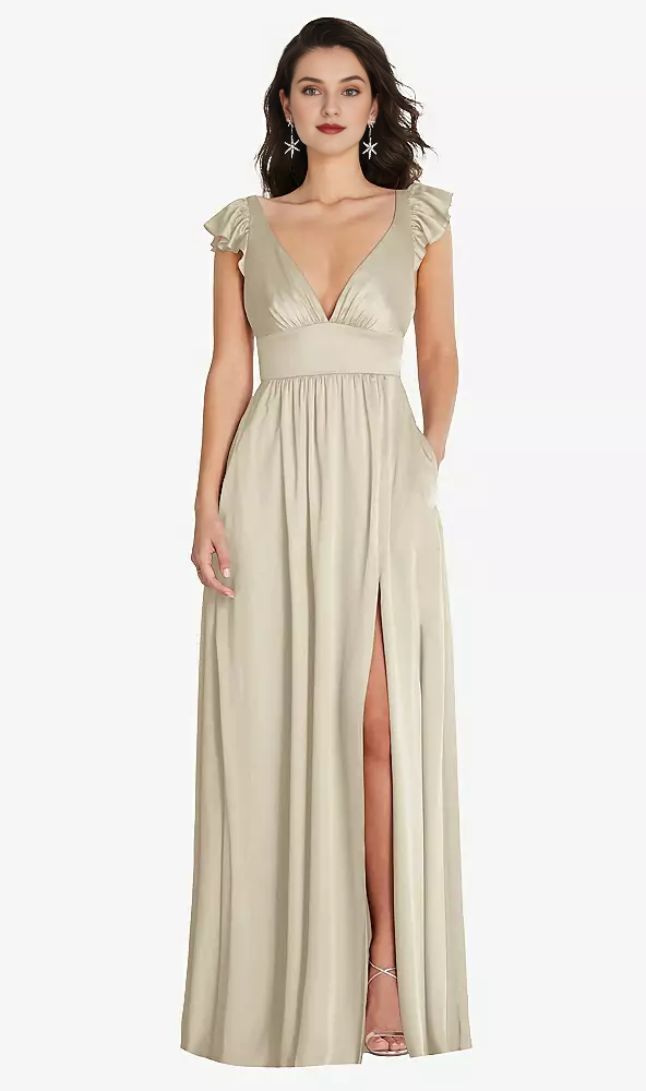 Vestido de fiesta largo con escote en V profundo, tirantes de doble uso, borde con volantes y mangas cubiertas