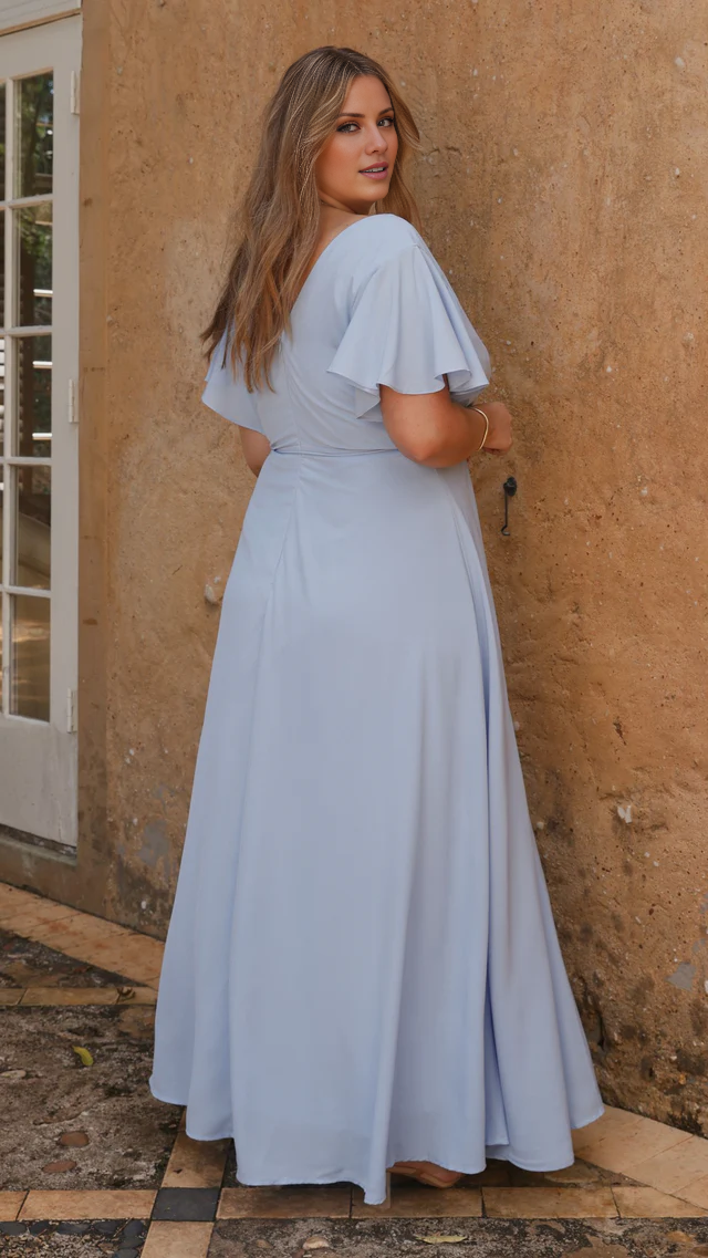 Vestido de fiesta Jimiss con escote en V, mangas mariposa, abertura lateral y largo hasta el suelo