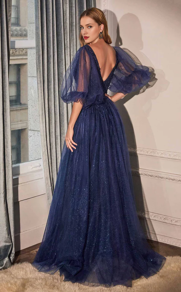 Blushing Pink Tulle A-Line Floor-Length Dress with V-Neck & Puff Sleeves