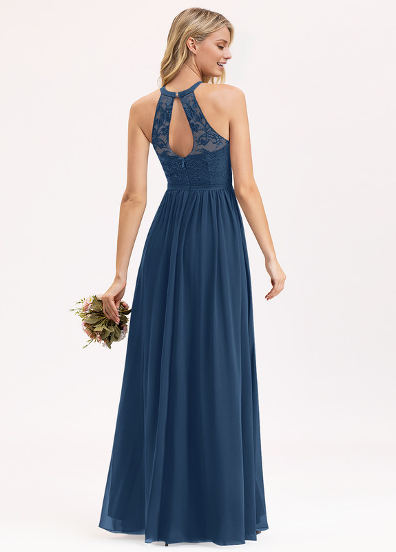A-line Scoop Neck Floor Length Lace Chiffon Bridesmaids Dress