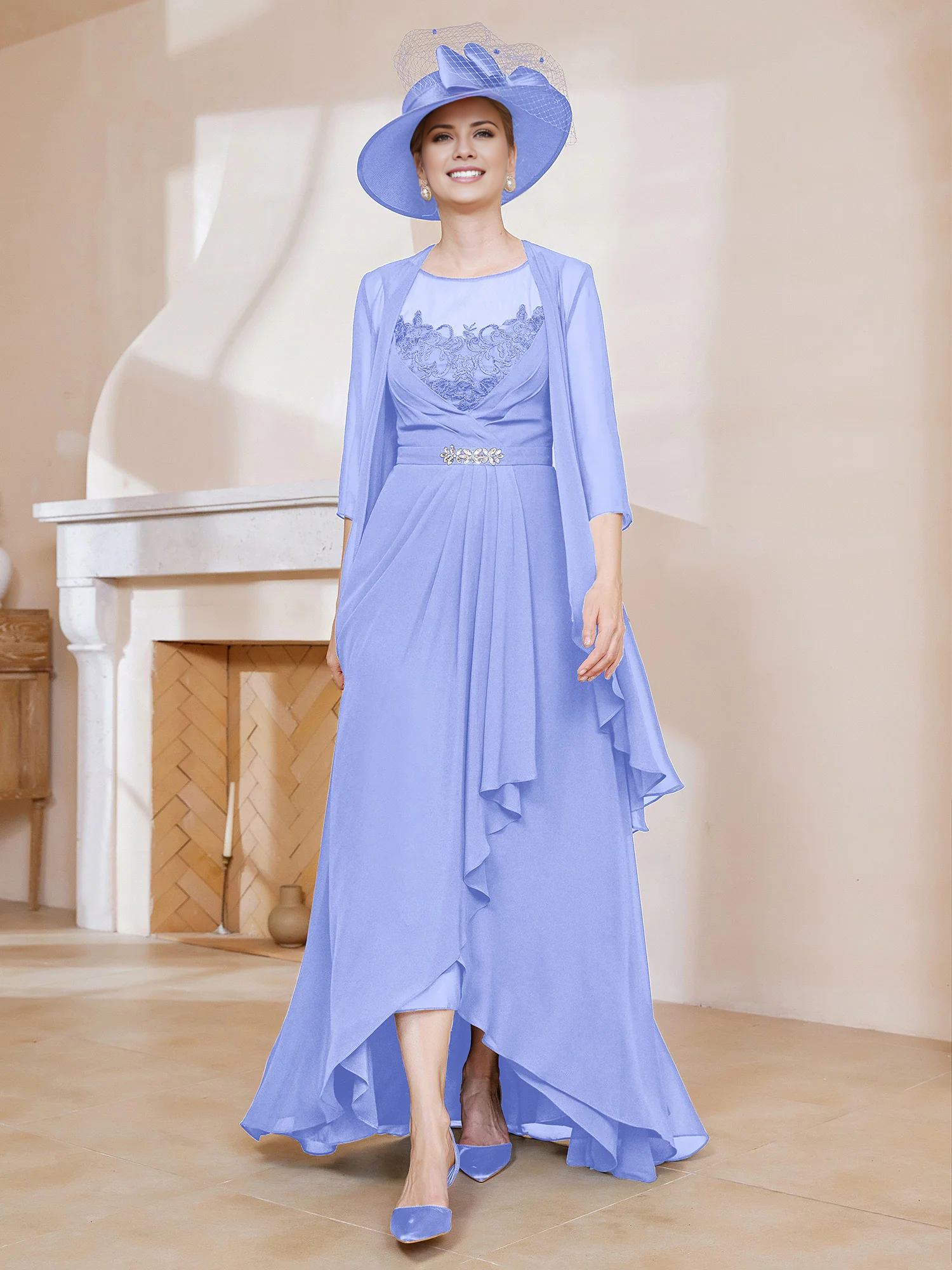 Illusion Neck Dark Navy Chiffon A-Line High-Low Dress with Draped Skirt