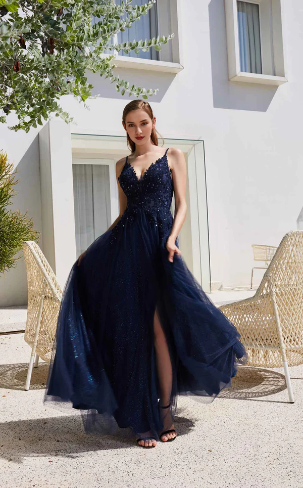 Blushing Pink Lace Tulle A-Line Floor-Length V-Neck Bridesmaid Dress