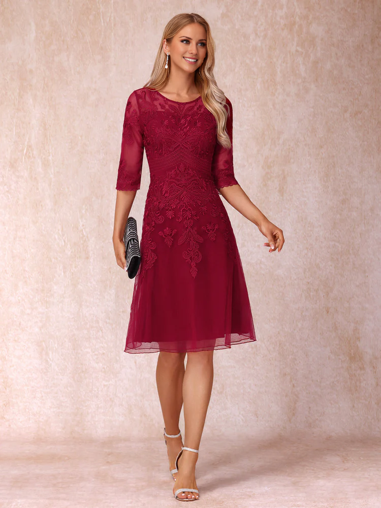 Burgundy Lace A-Line Knee-Length Dress featuring Lace Embroidered Bodice and Sheer 3/4 Sleeves