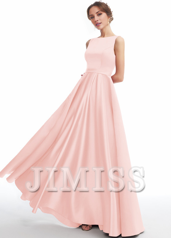 Abito da damigella d'onore in raso a trapezio con scollo a barchetta e lunghezza al pavimento