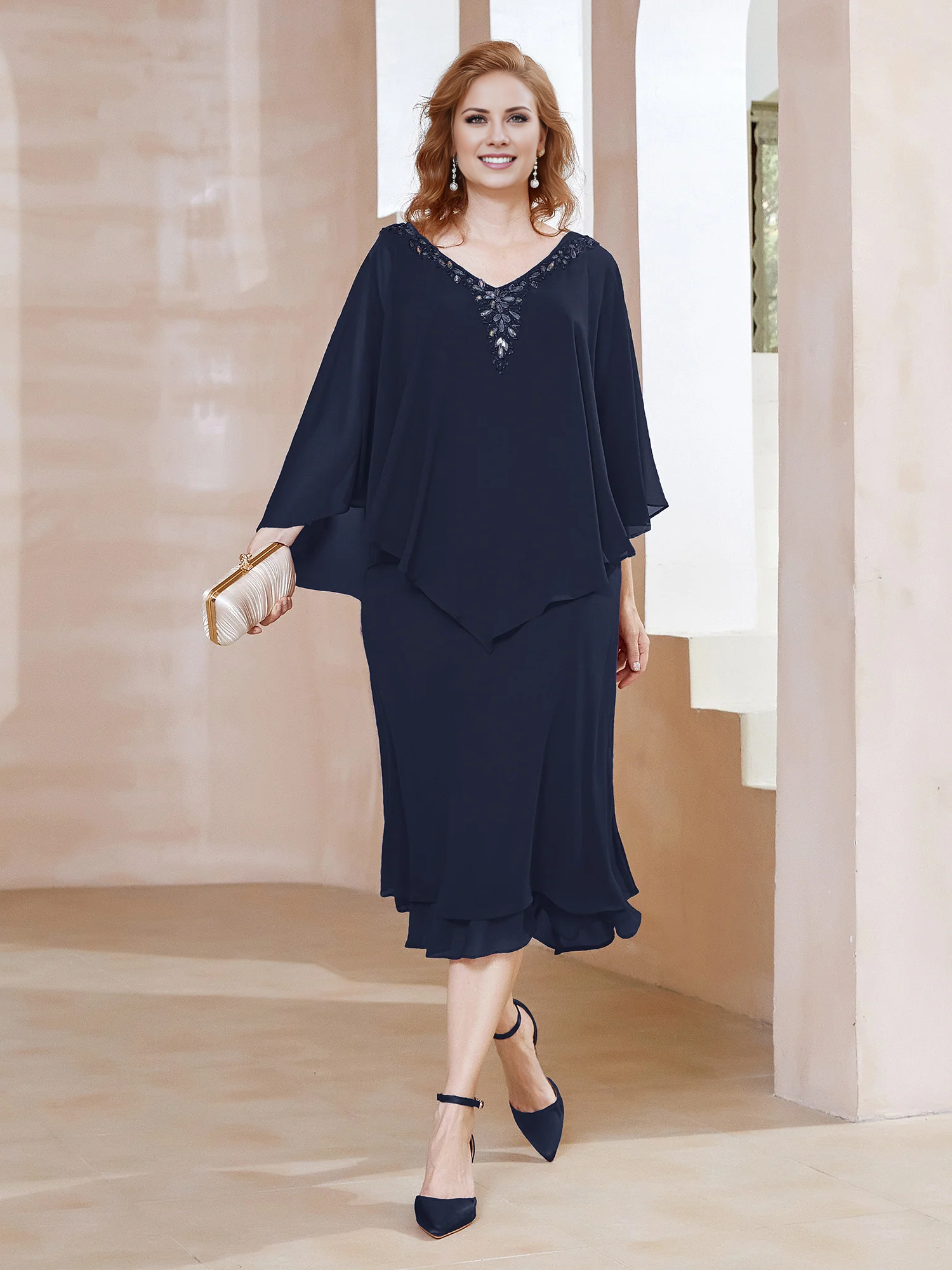 Olive Green Chiffon Knee-Length Dress with Cape Overlay & Beaded V-Neck