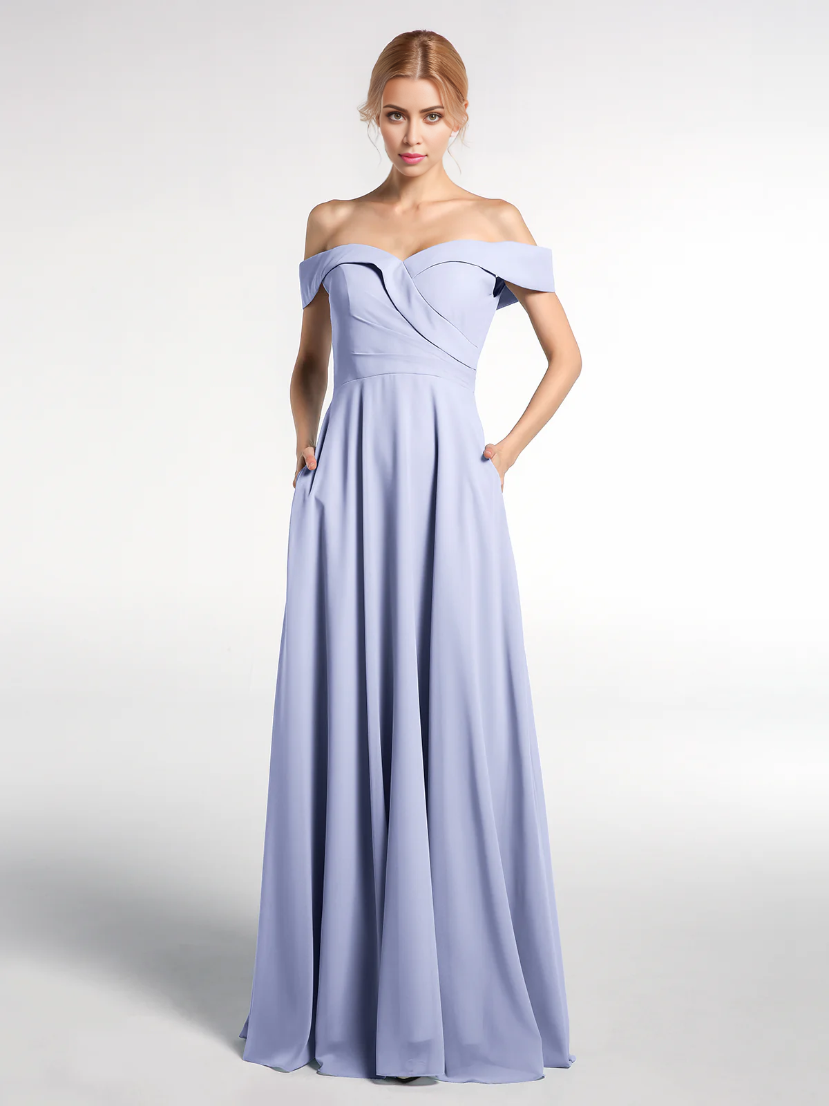 Vestido de falda redonda con bolsillos y hombros descubiertos