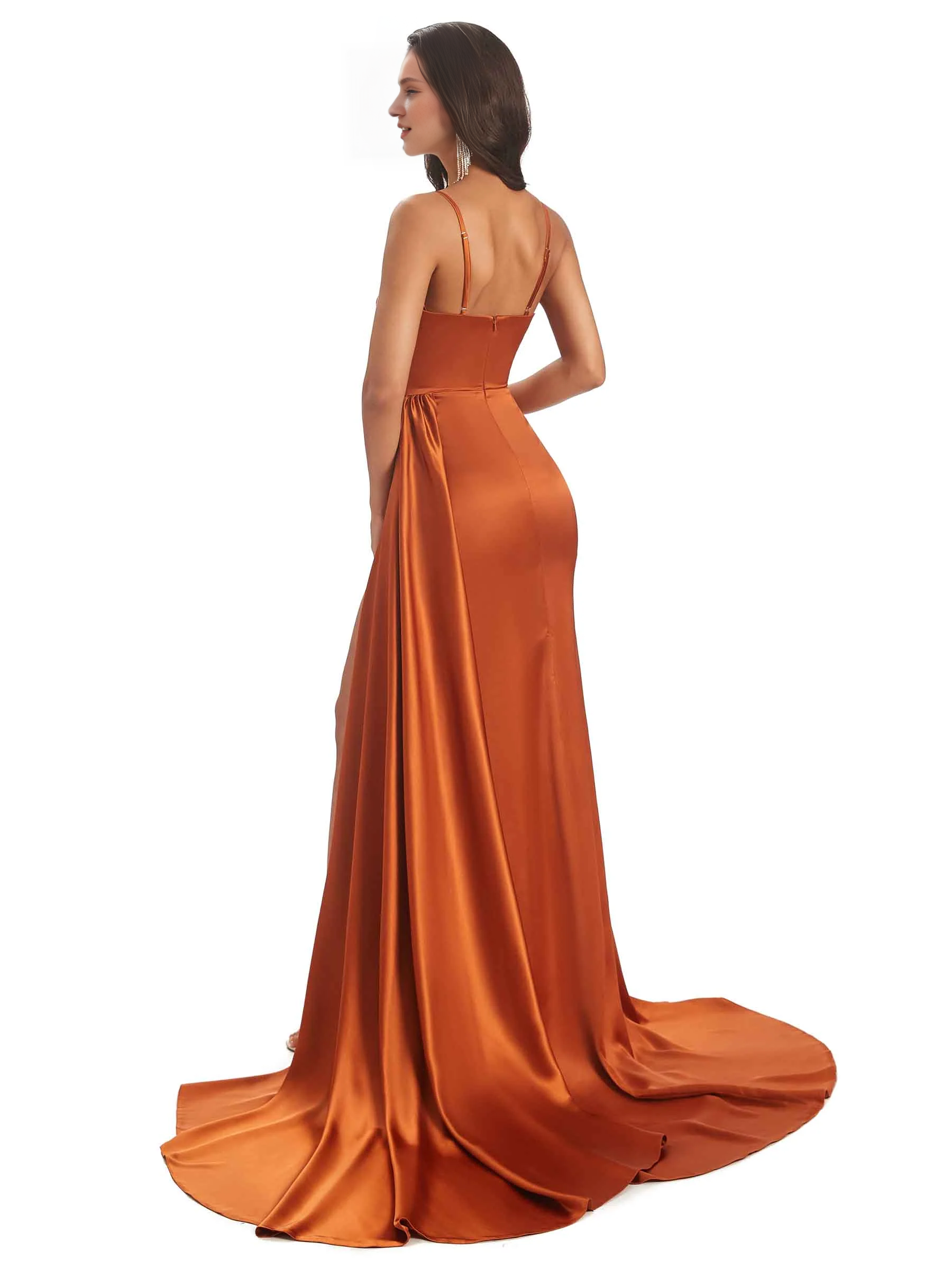 Sexy and soft satin side slit thin shoulder strap long fish tail bridesmaid dress