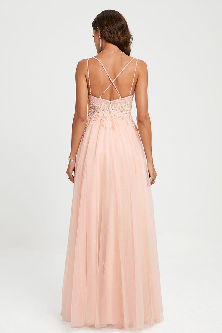 Blushing Pink Lace & Tulle A-Line Floor-Length Gown with V-Neck and High Slit