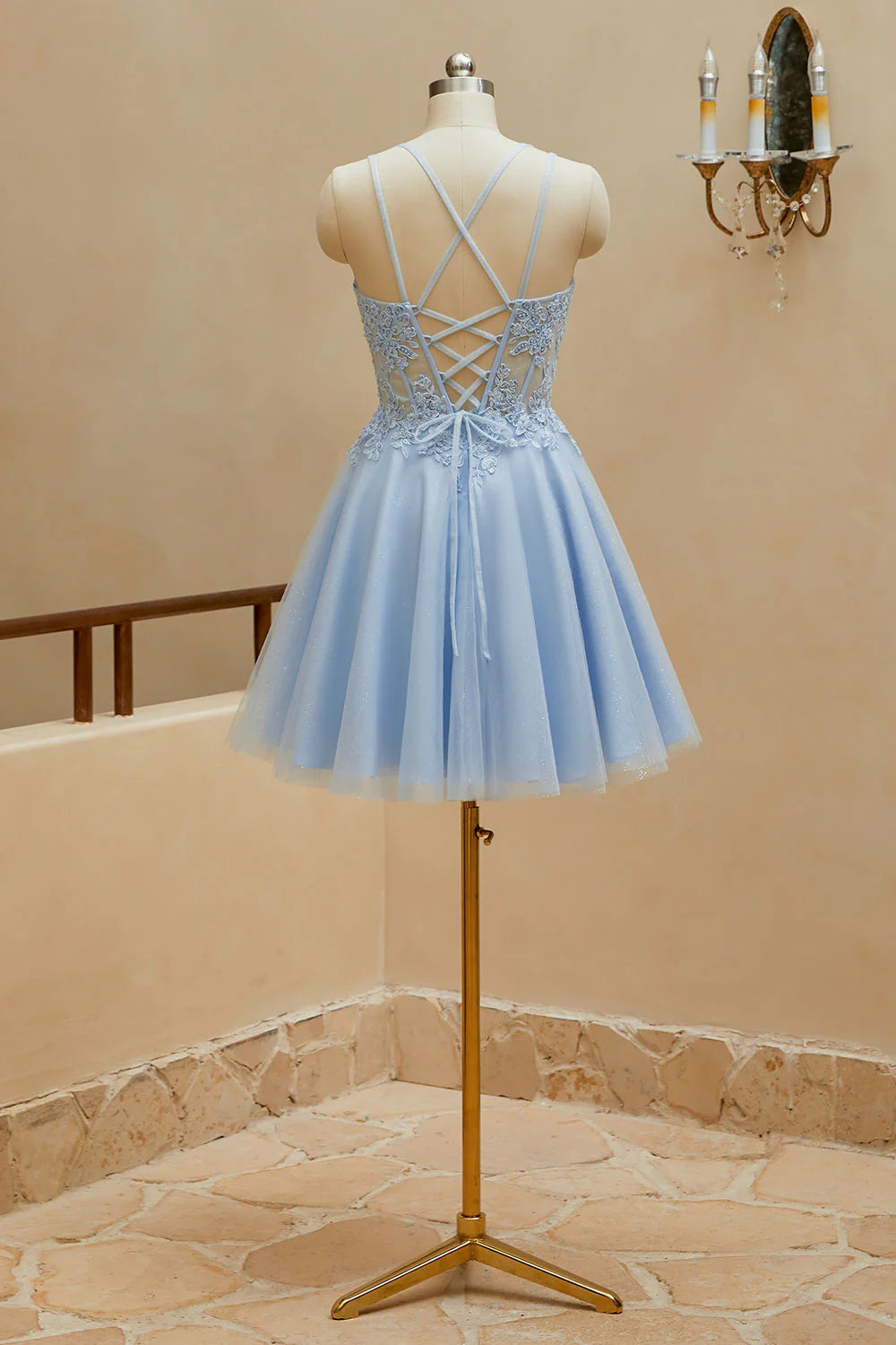 Sky Blue Tulle A-Line Short Dress with Lace Applique V-Neck Bodice and Glitter Skirt