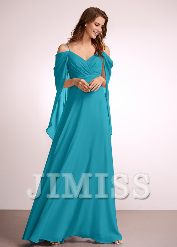 Abito da damigella d'onore in chiffon lungo fino a terra, con spalle scoperte e linea ad A